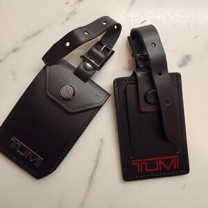 Tumi Black Leather Luggage Tags with Red Logo